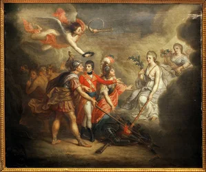 Freden i Amiens. Fördrag undertecknat den 25 mars 1802 mellan Förenade kungariket och dess allierade, Osmanska riket, å ena sidan och Frankrike, Spanien och Holland å den andra. Målningen föreställer Napoleon I Bonaparte, krönt av en ängel som blåser i