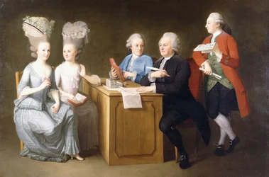 Ett gruppporträtt av Monsieur Le Roy, med sina två döttrar och två söner, sittande i full längd vid ett bord, 1779