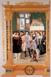 Etienne Leblanc (1490-1565) presenterar för Anne de Montmorency (1493-1567) sin översättning av Cicerons tal (1531) - Kopia av frontispicen bevarad i Sankt Petersburg (Ryssland), gouache av Dominique Henri Guifard (1838-1913) , sent 1800-tal - C