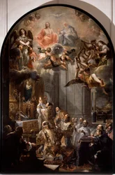 Trefaldighetsordens grundmässa Den religiösa treenighetsorden (eller den allra heligaste treenigheten) grundades av Johannes av Matha (1154-1213). Målning av Juan Carreno de Miranda (1614-1683) Sön. 5x3,1 m