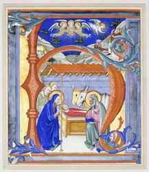 Upplyst historisk initial "N", föreställande en julkrubba, 1410