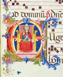Ms 572 f.125r Historikert initial "E" som visar St. Peter som den första biskopen av Rom från en antifon från Santa Maria del Carmine