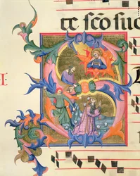 Ms 572 f.32v Historikert initial "S" som visar steningen av St. Stephen