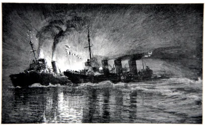 HMS Broke rammar en tysk destroyer, illustration från "The Naval Front" av Gordon S. Maxwell, 1920.