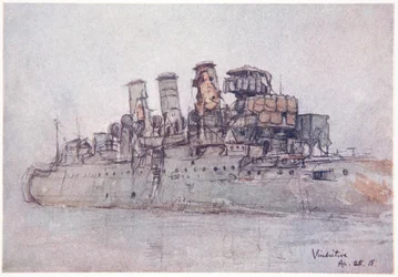 H.M.S. Vindictive, 25 april 1918, illustration från "The Naval Front" av Gordon S. Maxwell, 1920.