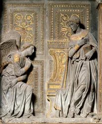Bebådelsen, högrelief av Donato de Bardi, kallad Donatello (ca 1386-1466), 1435, Chiesa di Santa Croce, Florens