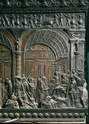 Kristus före Pontius Pilatus. Detalj. Lågrelief av vänster predikstol, ca 1460 ca