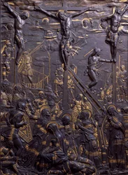 Kristi korsfästelse, omkring 1465, damaskerat bronsrelief, 93 x 70 cm, Italien