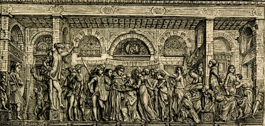Miraklet med det nyfödda barnet som talar, Sankt Antonius altare, bronsrelief av Donatello, Sankt Antonius basilika i Padua, Padua, Veneto, Italien, träsnitt från Le cento citta d