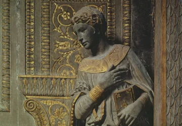 Cavalcanti Annunciation: detalj av Jungfrun av Donatello 1386-1466 c.1435 förgylld kalksten