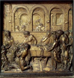 Herodes Antipas II:s festmåltid (21 f.Kr.-39 e.Kr.). Detalj av det nedre reliefet på dopfunten, utförd av Donato di Niccolò di Betto Bardi, kallad Donatello (1386-1466)