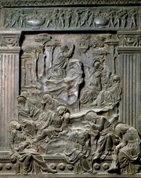 Bönen vid Oljeberget. Lågrelief av stolen till vänster, c.1460