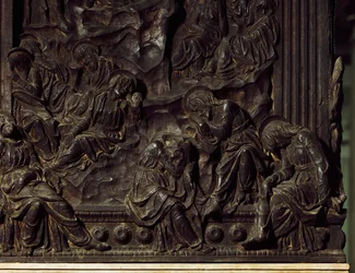 Gudstjänst i trädgården, detalj från vänster predikstol, av Donatello (1386-1466), Basilica of St Lawrence, Florens, Italien
