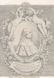 Porträtt av Giovanni Girolamo Sbaraglia, inom en oval flankerad av två putti på ymnighetshorn..., 1716.
