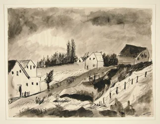 Landskap med hus