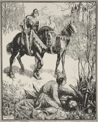 En dam som gråter bittert, illustration från "Stories of King Arthur and the Round Table" av Beatrice Clay