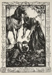 Palamides dök upp framför henne, illustration från "Stories of King Arthur and the Round Table" av Beatrice Clay