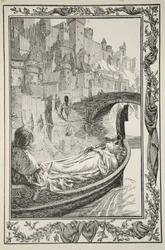 Pråmen flöt nerför floden, illustration från "Stories of King Arthur and the Round Table" av Beatrice Clay