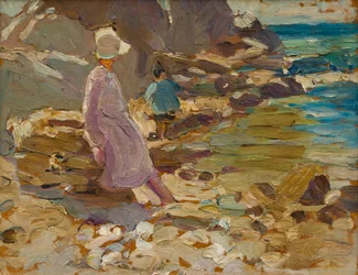 Kvinna och barn på klipporna (olja på pannå)