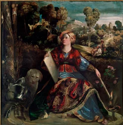Trollkvinnan Kirke. Häxan är avbildad på sin ö med frodig växtlighet, åtföljd av en hund, och en rustning ligger på marken. Målning av Giovanni Luteri kallad Dosso Dossi (ca 1489-1542), ca 1530. 176 x 174 cm. Rom, Galleria Borghese.