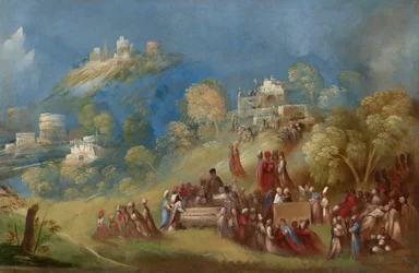 Trojanerna bygger Venustemplet och offrar vid Anchises grav på Sicilien, ca 1520 (olja på duk)