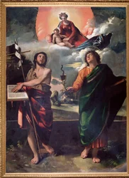 Jungfru och barn med Johannes Baptist och Sankt Johannes evangelist Sankt Johannes håller en kalk av eller överstiger en orm