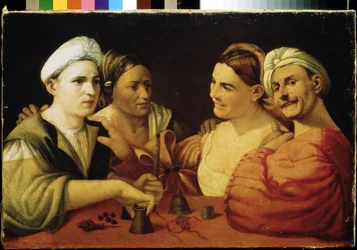 ""illusionisterna"" (Trollkarlarna) Ett par charlataner som lurar sina offer med hjälp av magiska kuber. Målning av Giovanni Luteri känd som Dosso Dossi (cirka 1486-1542) Pushkin-museet från 1500-talet, Moskva