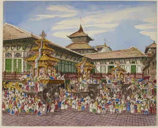 T jungfruresa. Tri Temple Cars utanför T Hanuman Dhoka, Katmandu (Black Litho)