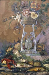 Blommor i en vas på ett stativ med sparris, hummer, ostron och fisk (olja på duk)