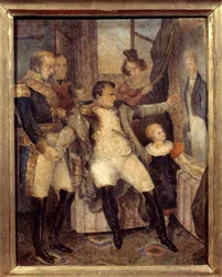 Porträtt av Napoleon I (1769-1821) framför porträttet av hans son, kungen av Rom Napoleon II (1811-1832) som erbjöds av hans följeslagare i exil på ön Saint Helene Peinture de Dubreuil (1799-1850)