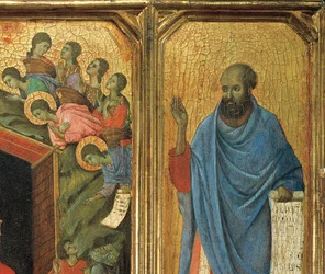 Detalj av Predella panel, Altar-Piece of Maesta di Siena. (olja ombord).