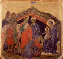 Livet av Kristus, tillbedjan av magi. Predella av La Maesta (tempera på trä
