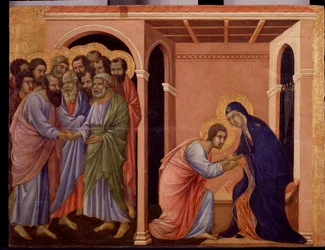 Maria tar avsked med Johannes, på utsidan skakar apostlarna Petrus och Paulus hand. Detalj av Maesta (tempera och guld på trä