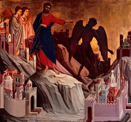 Temptation on Mount, detalj från avsnitt från Kristi passion och uppståndelse, baksidan av Maesta