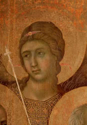 Jungfru och barn på tronen. Detalj av La Maesta (tempera och guld på trä