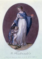 Franska revolutionen "" Fraternite"" Allegori mot Frankrikes slaveri med barn av olika färger som kysser varandra. Tryck av R. Duchemin (1700- eller 1800-talet) Paris, Musee Carnavalet