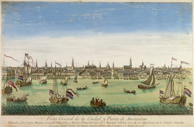 En allmän utsikt över hamnen och staden Amsterdam, gravyr av D.G. Hucquier, 1500-talet