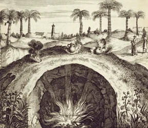 En gigantisk underjordisk ångkokare, från Kina Illustrerad av Athanasius Kircher (1601-80) 1667