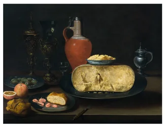 Ett stilleben med ost, smör, bröd, räkor, apelsiner, oliver och vin på ett bord