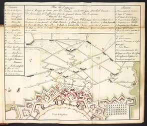 En färgad plan över belägringen av Bergen op Zoom (färgad gravyr)