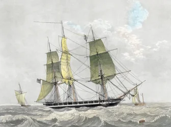 Amerikansk marinkorvett under segel, tidigt 1800-tal (tryck)