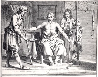 Blodtransfusion från en hund, ur Armamentarii Chirurgici av Johannes Schultes (1595-1645), utgiven i Amsterdam, 1671