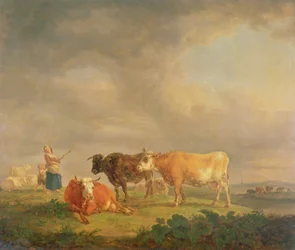 Boskap som betar i ett landskap, ca 1820 (panel)