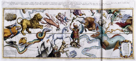 Himmelskarta över stjärnbilderna: Orion, Oxen, Väduren, Fiskarna etc, 1666-1668