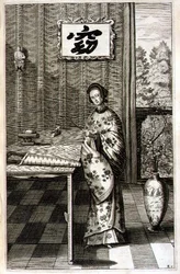 Kinesisk kvinna med näktergal, ur "China Illustrated" av Athanasius Kircher (1601-80) 1667 (gravyr)