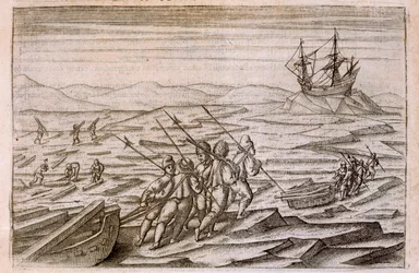 Samla drivved till stugan där expeditionen övervintrade, illustration från Diarium Nauticum, seu vera descriptio trium navigationum admirandarum... av Gerrit de Veer, 1598