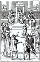 Bekännelse för rättelse inför domstolen, efter ett träsnitt i Praxis Rerum Criminalium av Joos de Damhouder (1507-81) publicerat Antwerpen, 1556