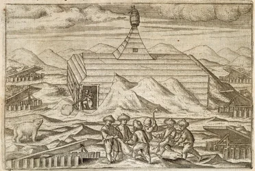 Besättning som dödar och flåar björnar, utanför stugan där expeditionen övervintrade, illustration från 