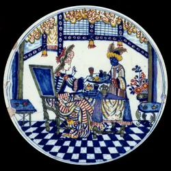 Porslinstallrik från Delft föreställande en kvinna vid ett bord som betjänas av sin svarta tjänare. 1705, Sèvres, Nationella keramikmuseet