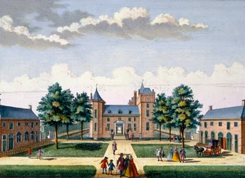 Fasad av Assumburg slott, från Het Zeganpralent Kennemerlant av Hendrick de Leth och Matthias Brouerius Van Nidek, publicerad ca 1700-1730